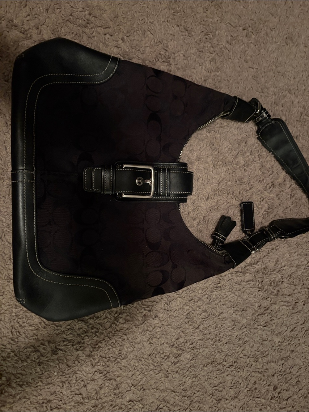 Coach Black Signature Canvas Messenger Bag with Leather Trim